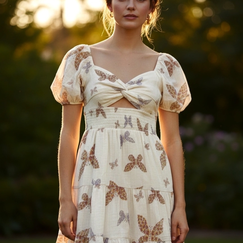 American Eagle Outfitters Cream Butterfly Mini Dress